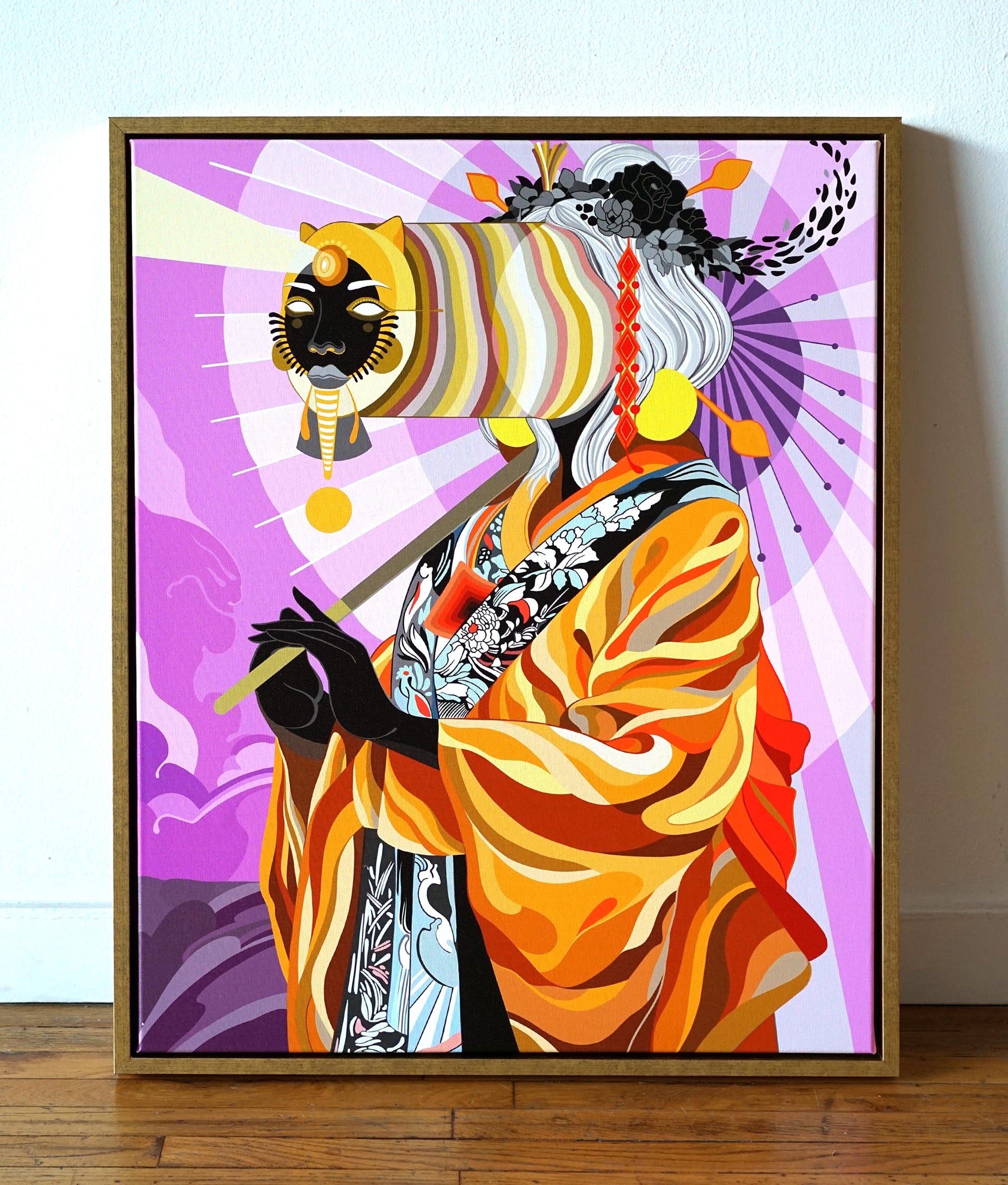 Feline Telepathy Gold Floating Frame Canvas by Fernando Chamarelli