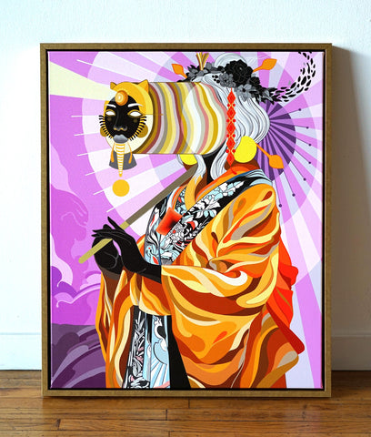 Feline Telepathy Gold Floating Frame Canvas by Fernando Chamarelli