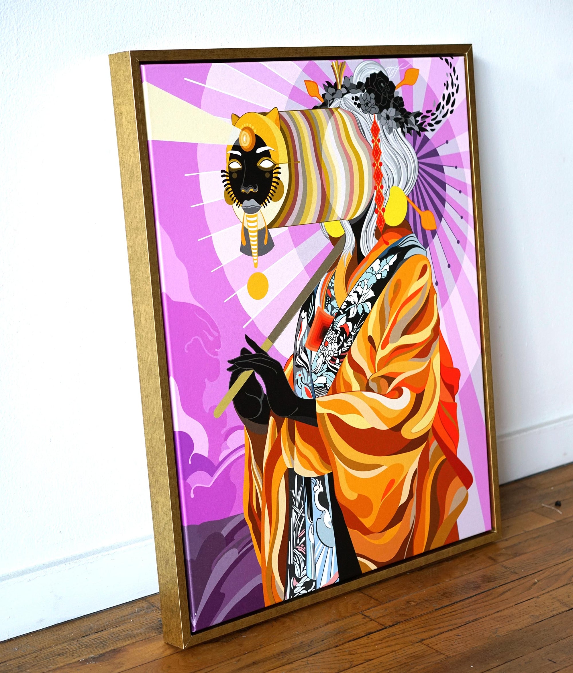 Feline Telepathy Gold Floating Frame Canvas by Fernando Chamarelli