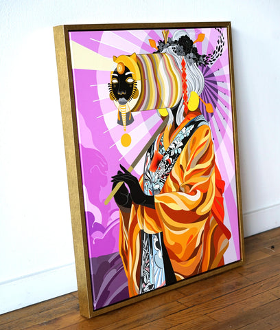 Feline Telepathy Gold Floating Frame Canvas by Fernando Chamarelli