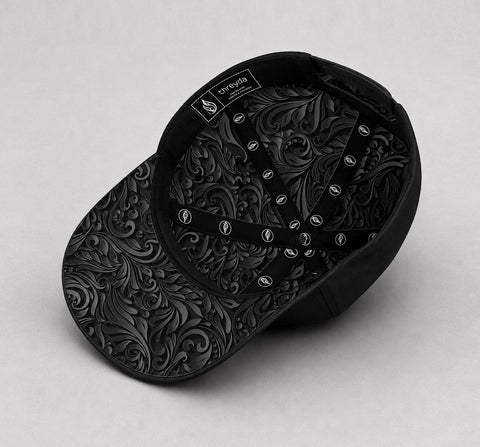 Black Filigree Snapback Curved Hat by Threyda - Presale Ships Oct