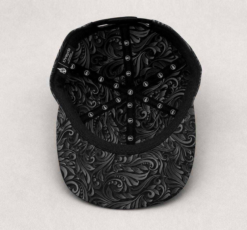 Black Filigree Snapback Hat by Threyda - Presale Ships Oct