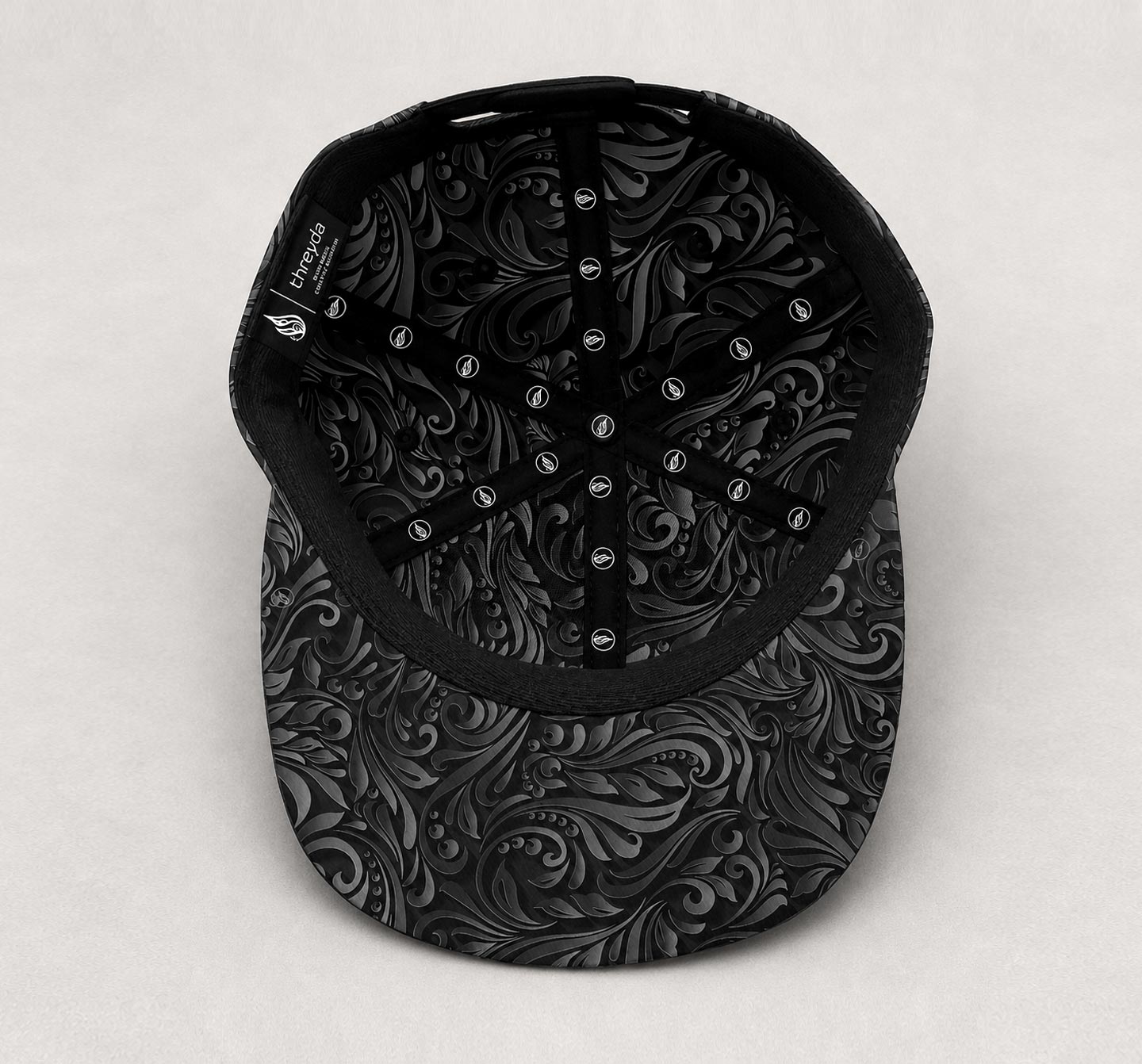 Black Filigree Snapback Hat by Threyda - Presale Ships Oct