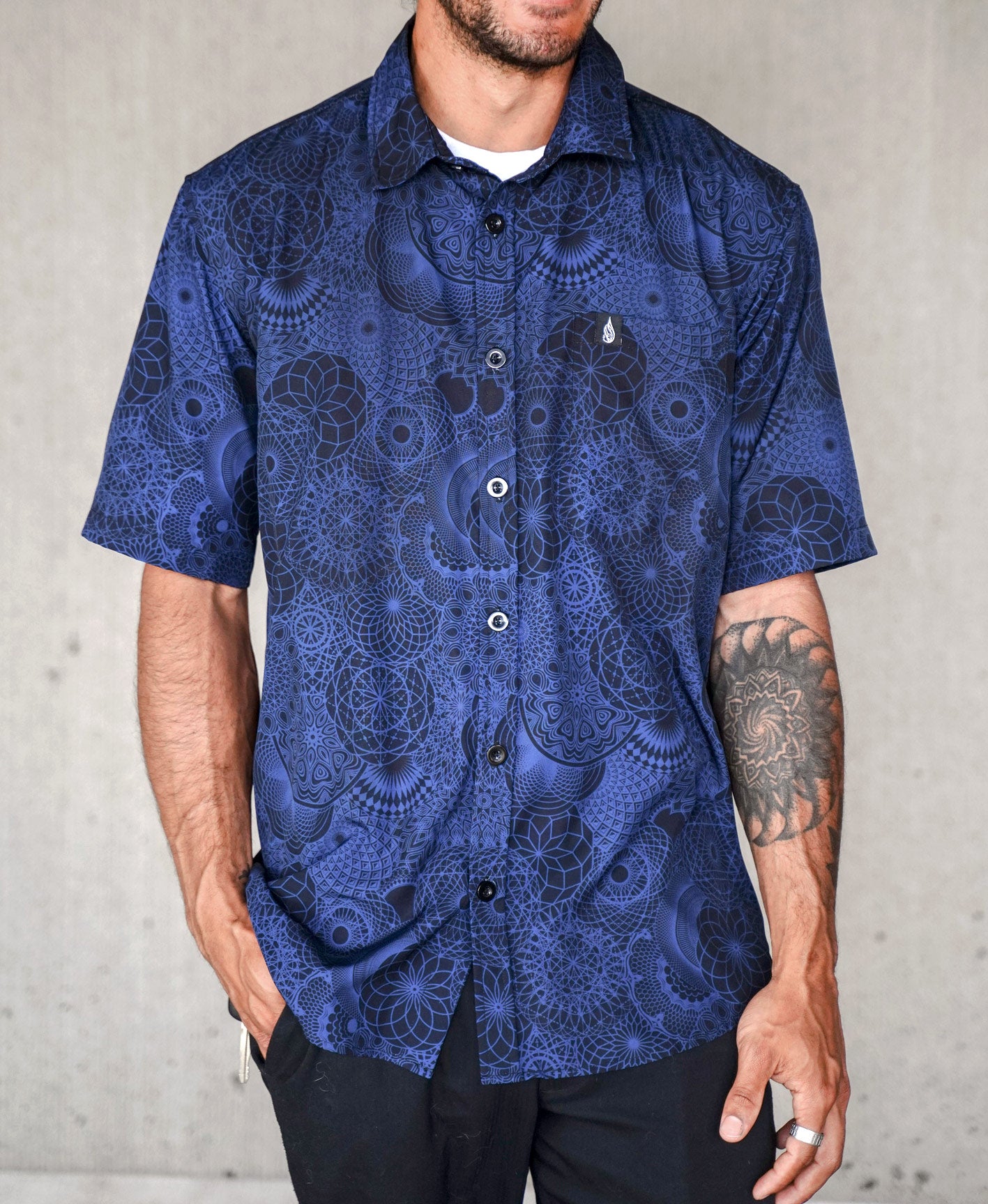 Blue Mandala Short Sleeve Button Down Shirt by Threyda
