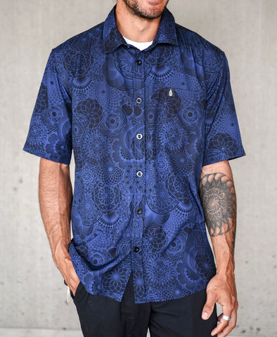 Blue Mandala Short Sleeve Button Down Shirt by Threyda