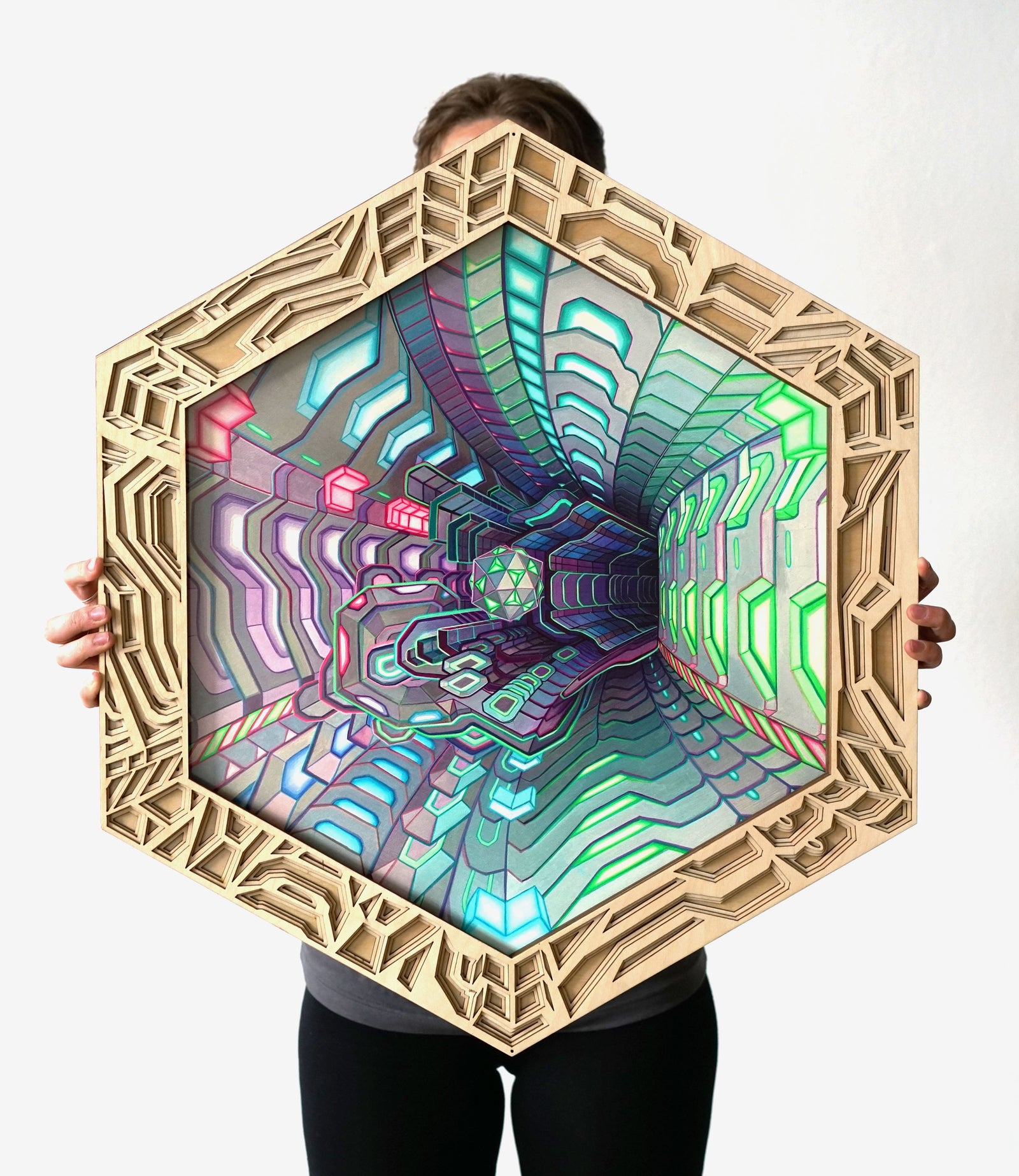 Trichrome Lasercut Framed Print by Jake Amason - Natural Wood