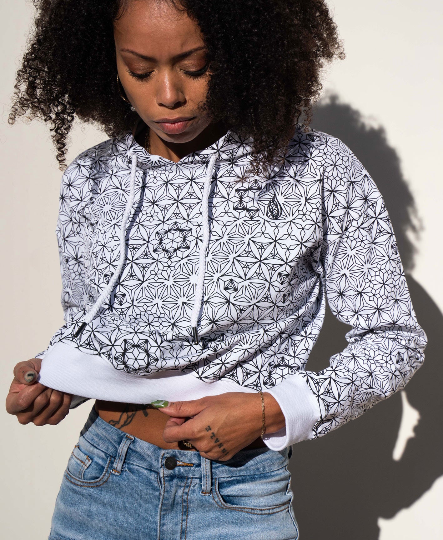 White Crystal Women's Crop Hoodie by Threyda