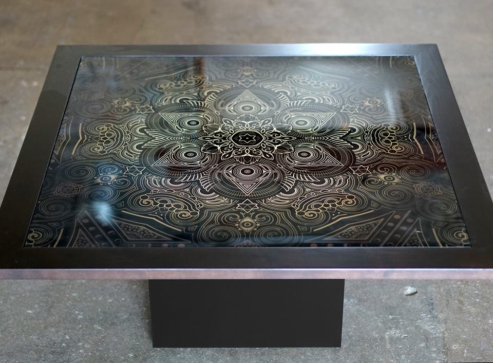 Sacred Medallion Glass Art and Wood Table