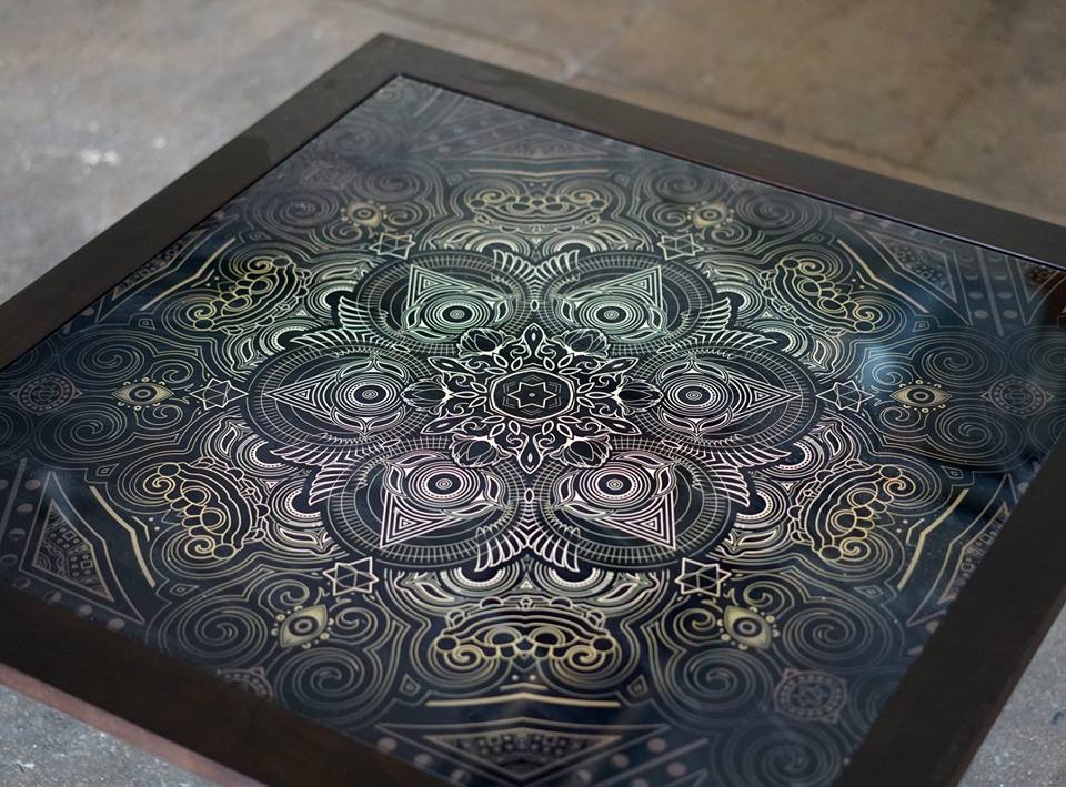 Sacred Medallion Glass Art and Wood Table