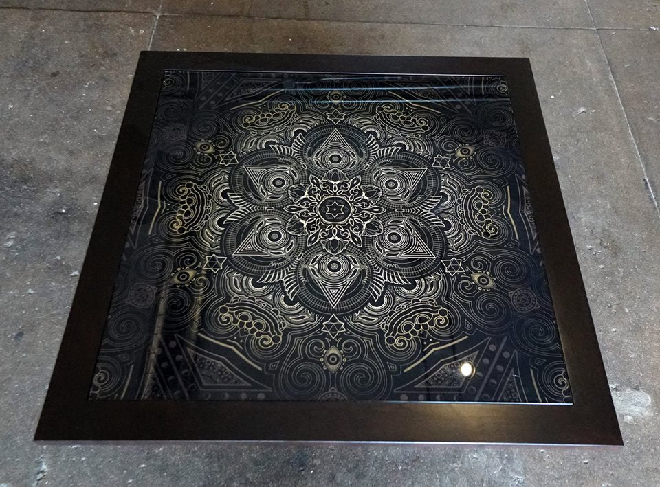 Sacred Medallion Glass Art and Wood Table
