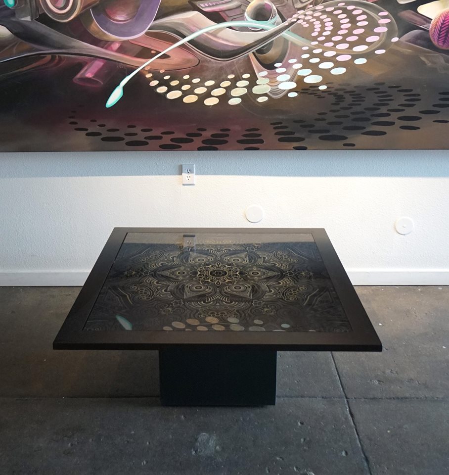 Sacred Medallion Glass Art and Wood Table