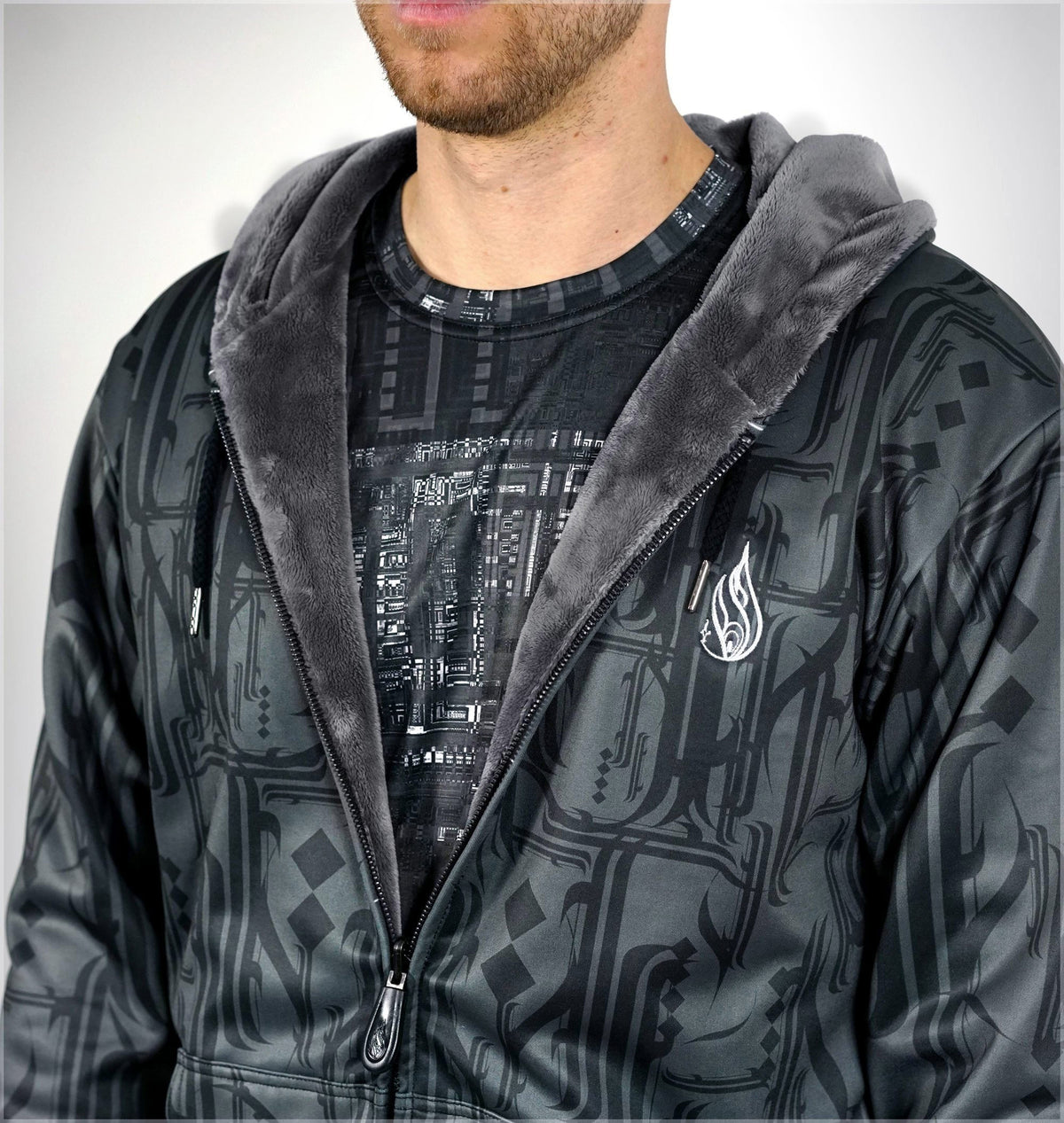 Script Sherpa Lined Zip Hoodie by Justin Totemical - Ships 3/2018